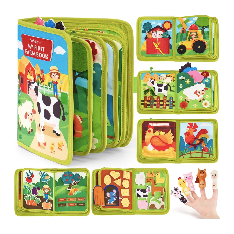 A soft felt farm busy book standing open, with pages showing a barn, a tractor, a cow and sheep.