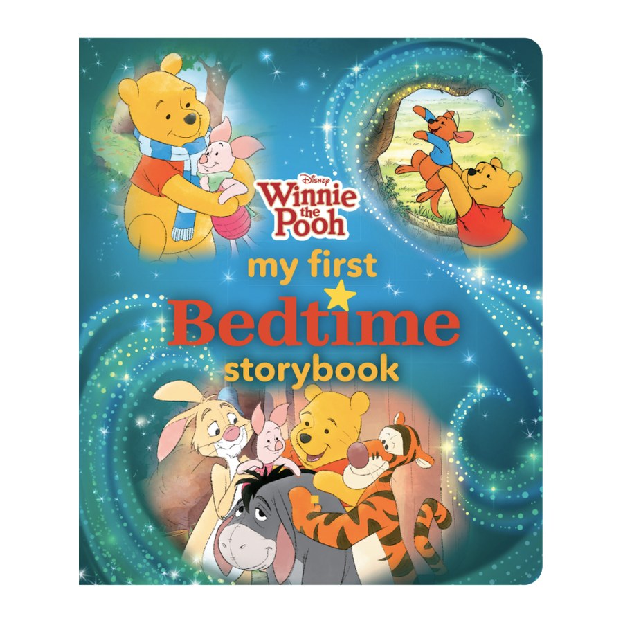 The cover of Winnie the Pooh My First Bedtime Storybook, with Pooh, Piglet, Tigger, Rabbit and Eeyore in a starry swirl.