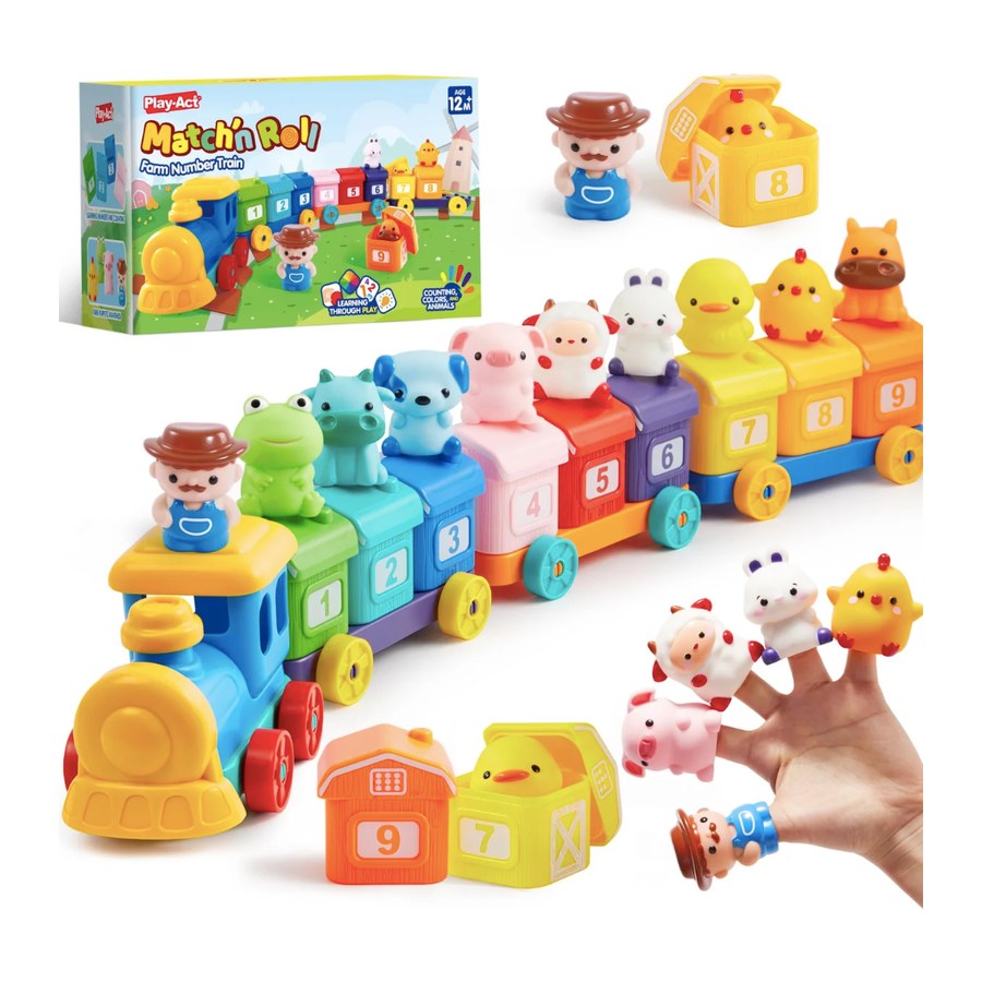 A bright toy farm train with numbered barn cars, a farmer driving, and soft farm animals riding on top, beside its box.